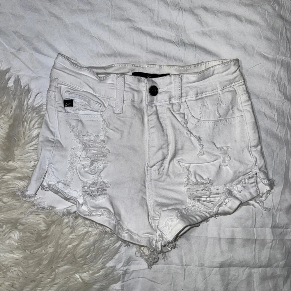 KanCan | KC11143WT High Rise White Denim Shorts Distressed Ripped Frayed Raw Hem